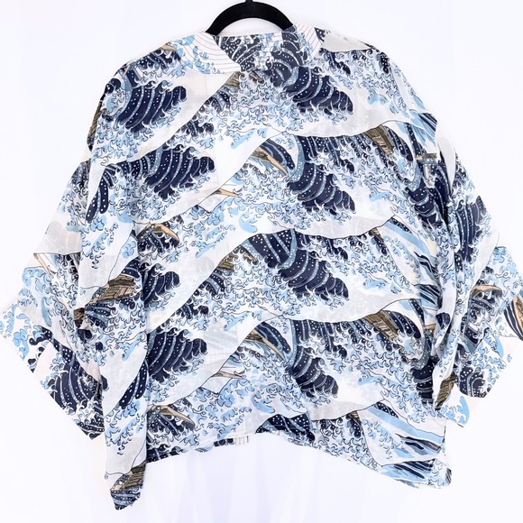 One Hundred Stars Great Wave Hokusai Kimono Jacket Navy Blue NWOT One Size - Picture 2 of 7